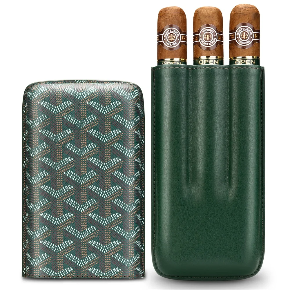 Portable Leather 3 Finger Cigar Case Holder Fashionable Dog Tooth Pattern Wear Proof for Travel and Party Must-have