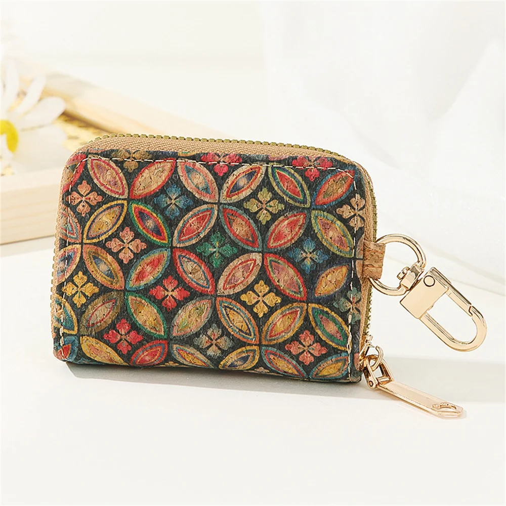 New Vintage Cork Printed Key Case Men Women Multifunctional Car Keychain Case Square Car Key Bag Casual Zipper Key Holder Pouch
