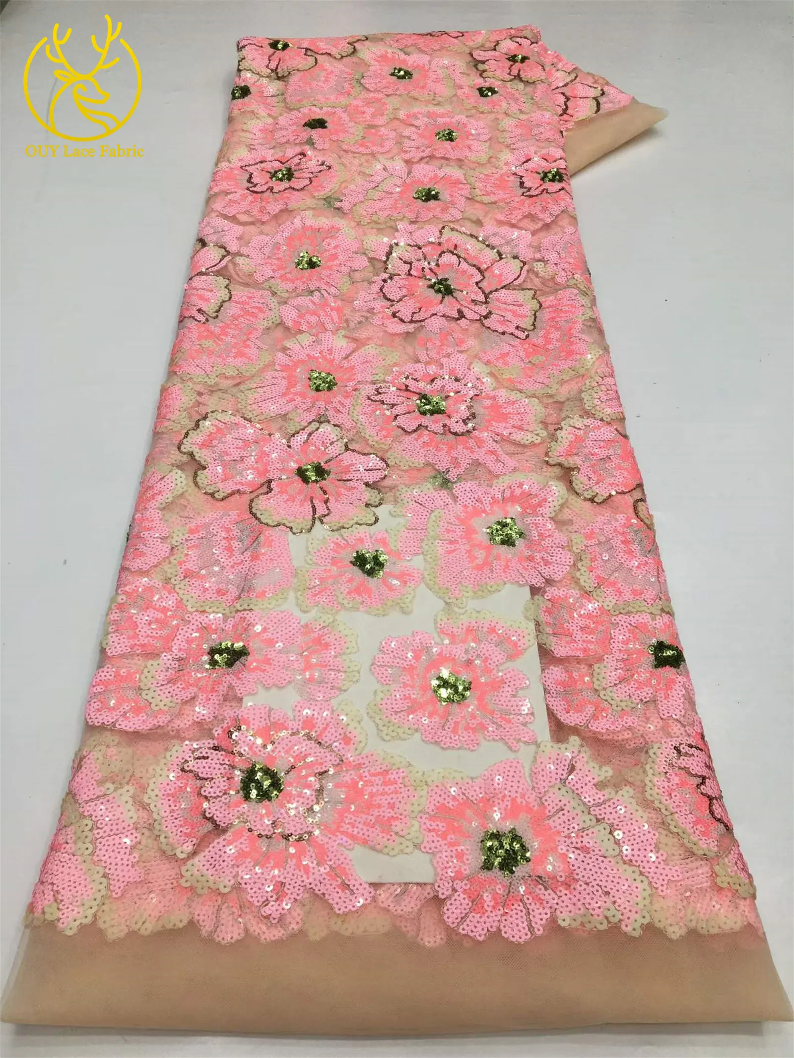 Afrikanischer Pailletten-Stickerei-Tüll-Spitzenstoff, französischer Pailletten-Perlen-Spitzenstoff, nigerianische Braut-Hochzeitsdekoration, zum Nähen, 5 Yards – Detail 12