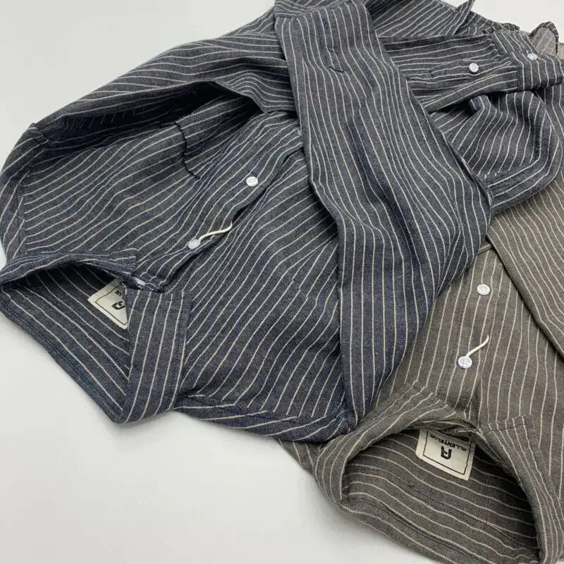 Autumn Premium Cotton Linen Shirts For Mens Fashion Long Sleeve Striped Button Down Shirt American Workwear Simple Cargo Shirt