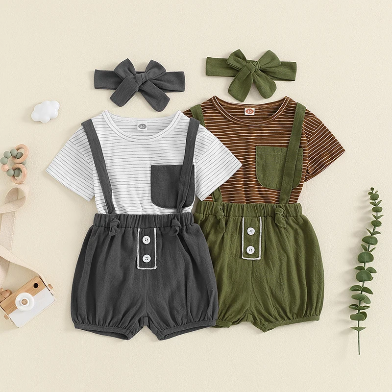 

Toddler Infant Baby Boys 3-Piece Outfits Striped Print Short Sleeve Round Neck Pocket Romper + Overalls Shorts + Headband Set