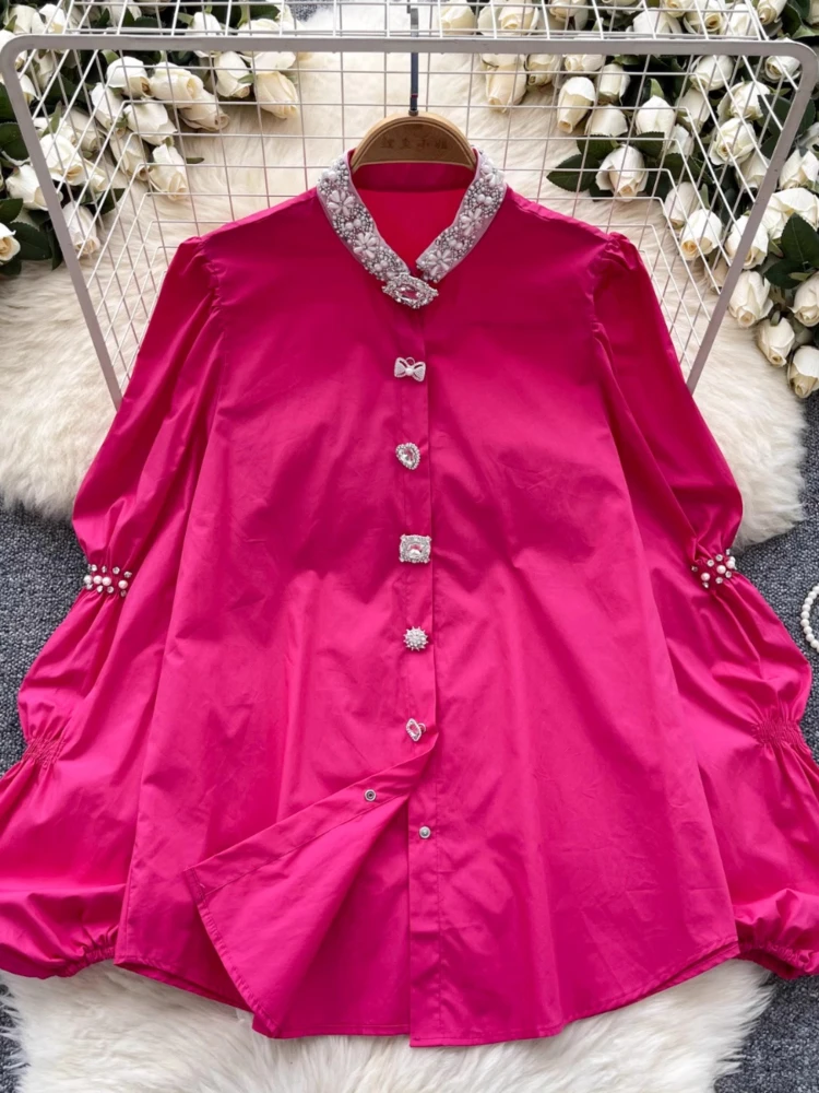 

Spring Autumn New Blouses Heavy Beading Stand Neck Long Sleeve Shirts Fashion Elegant Design All Match 2025 New Women's Clothing