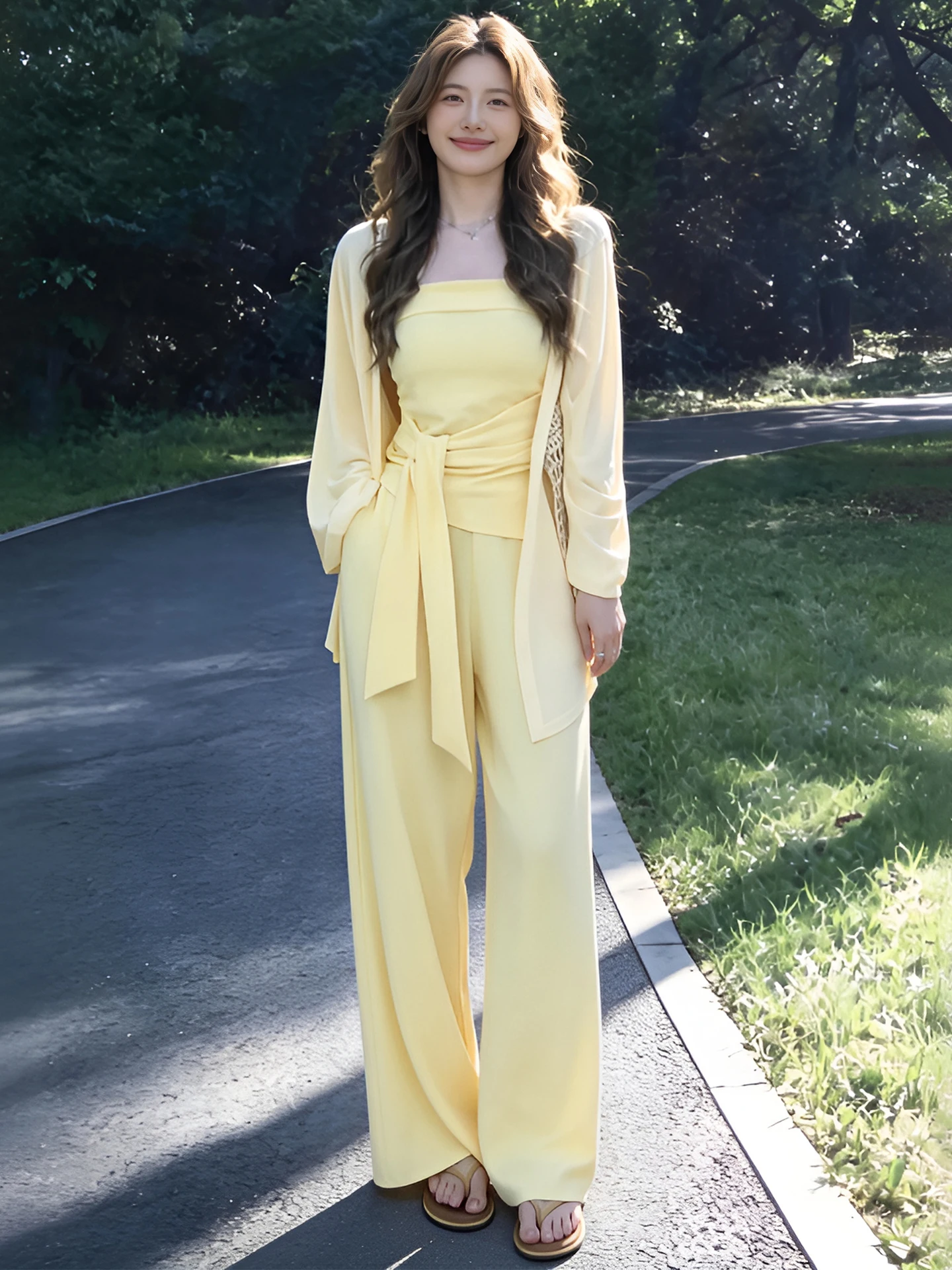 

Casual Sleeveless Wrap Top And Loose Straight Leg Pants Three Piece Set Women Summer Fashion Gentle Style High Waist Trousers