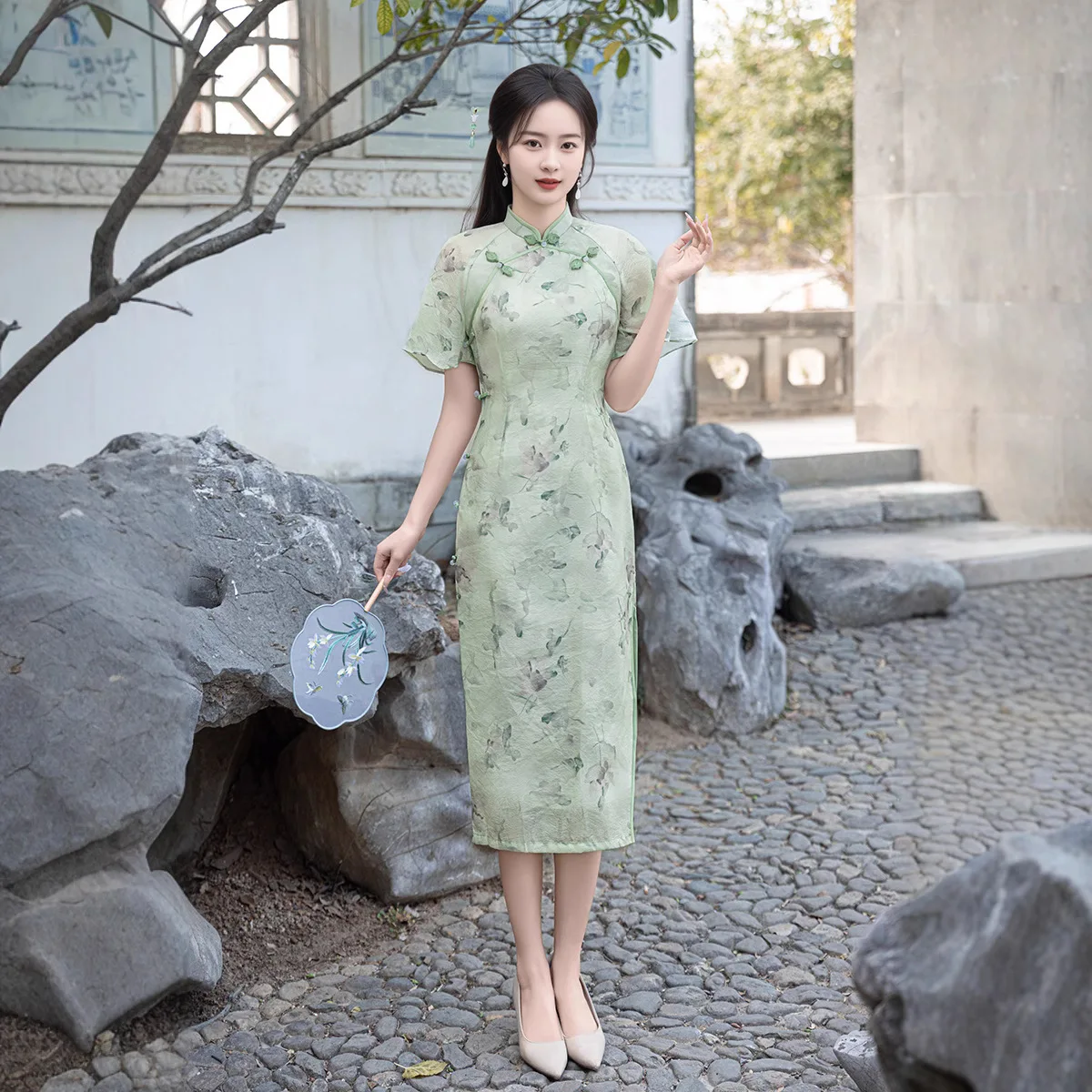 

Summer Chinese Style Flower Slim Improved Women Cheongsam Flying Sleeve Long Qipao Dress