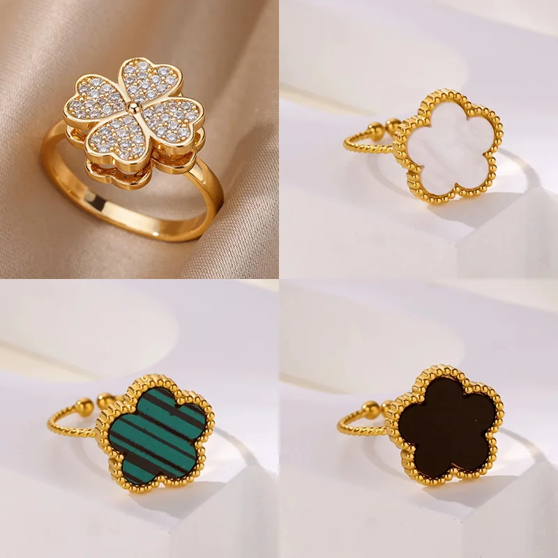 Elegant Five Leaf Clover Rings For Women 3 Colors Gold Plated Stainless Steel Clover Ring Daily Wear & Party Accessories