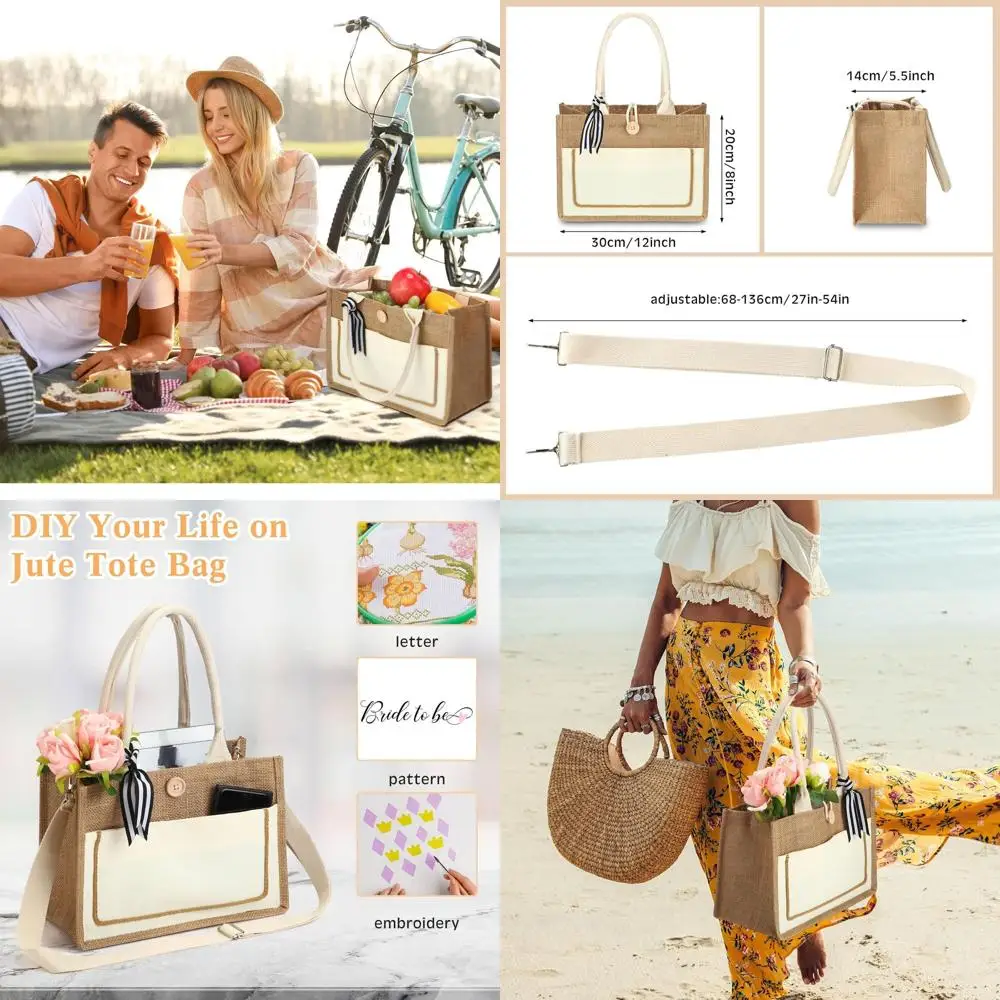 12 عبوة من أكياس الجوت البيضاء المقاومة للماء مع مقابض، وأكياس الخيش القابلة لإعادة الاستخدام لحفلات الزفاف والتسوق على الشاطئ