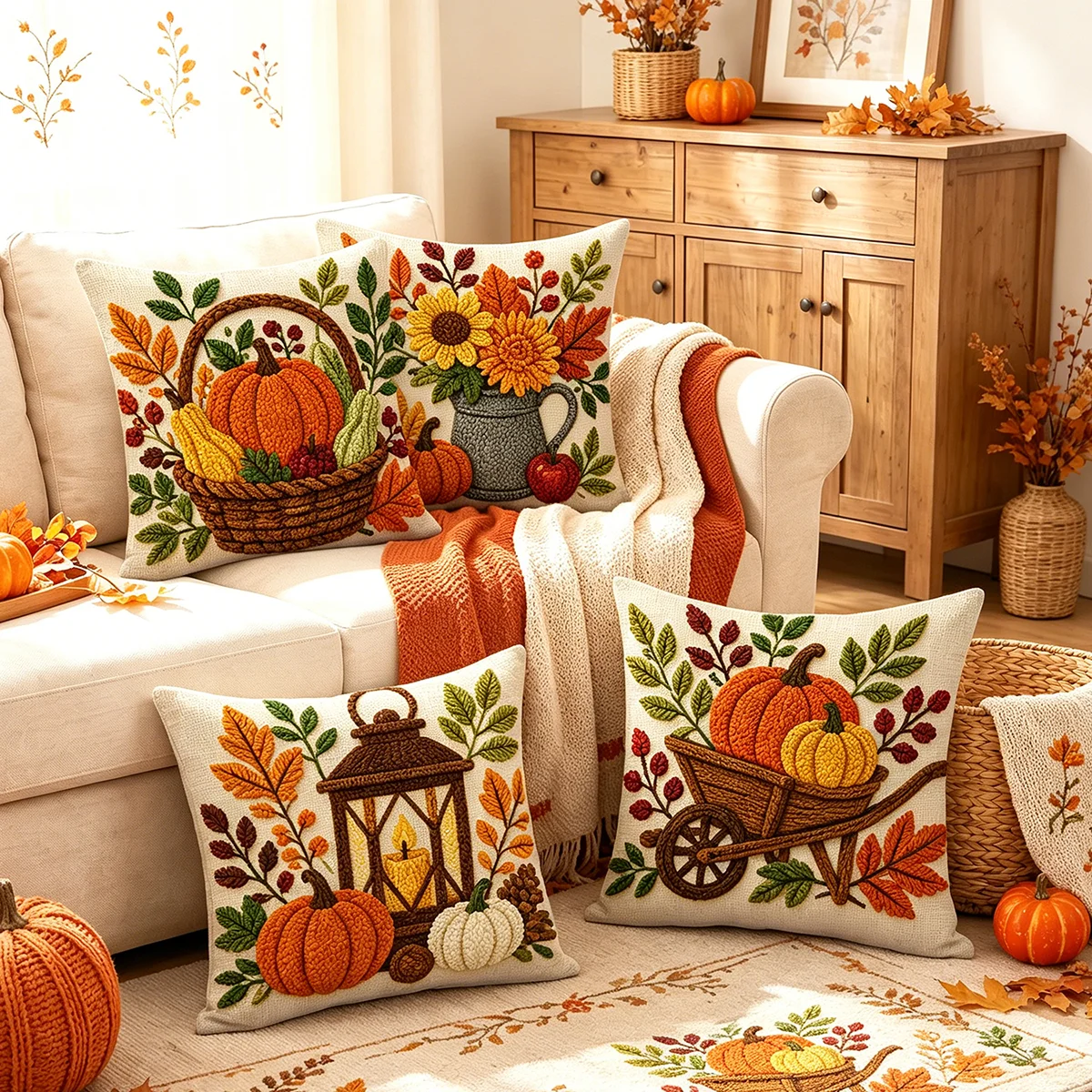 4PCS Digital Print Pillow Covers, Cushion Covers, Stitched Pumpkins Basket Lantern Cart Warm Autumn Harvest Home Sofa Decor