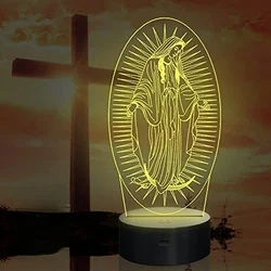 Luz de noche de la Virgen María, lámpara de ilusión 3D, 7 colores cambiantes, mesita de noche, decoración de habitación, regalo cristiano de cumpleaños para mujeres y hombres