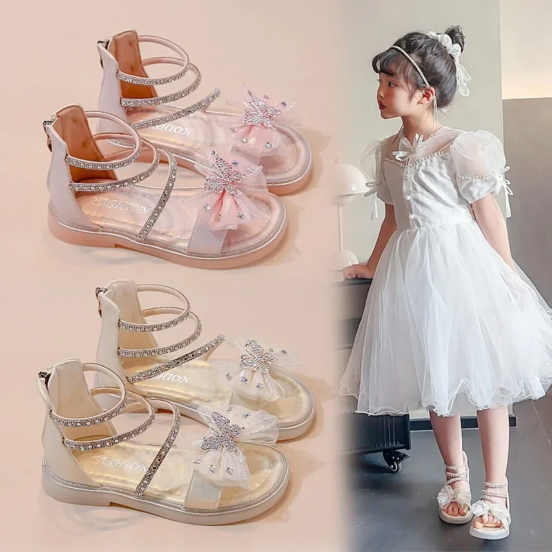 

2025 Summer Children's Sandals Fashion Bow Girls' Crystal Princess Shoes Open Toe Soft Bottom Non Slip Kid's Casual Sandals