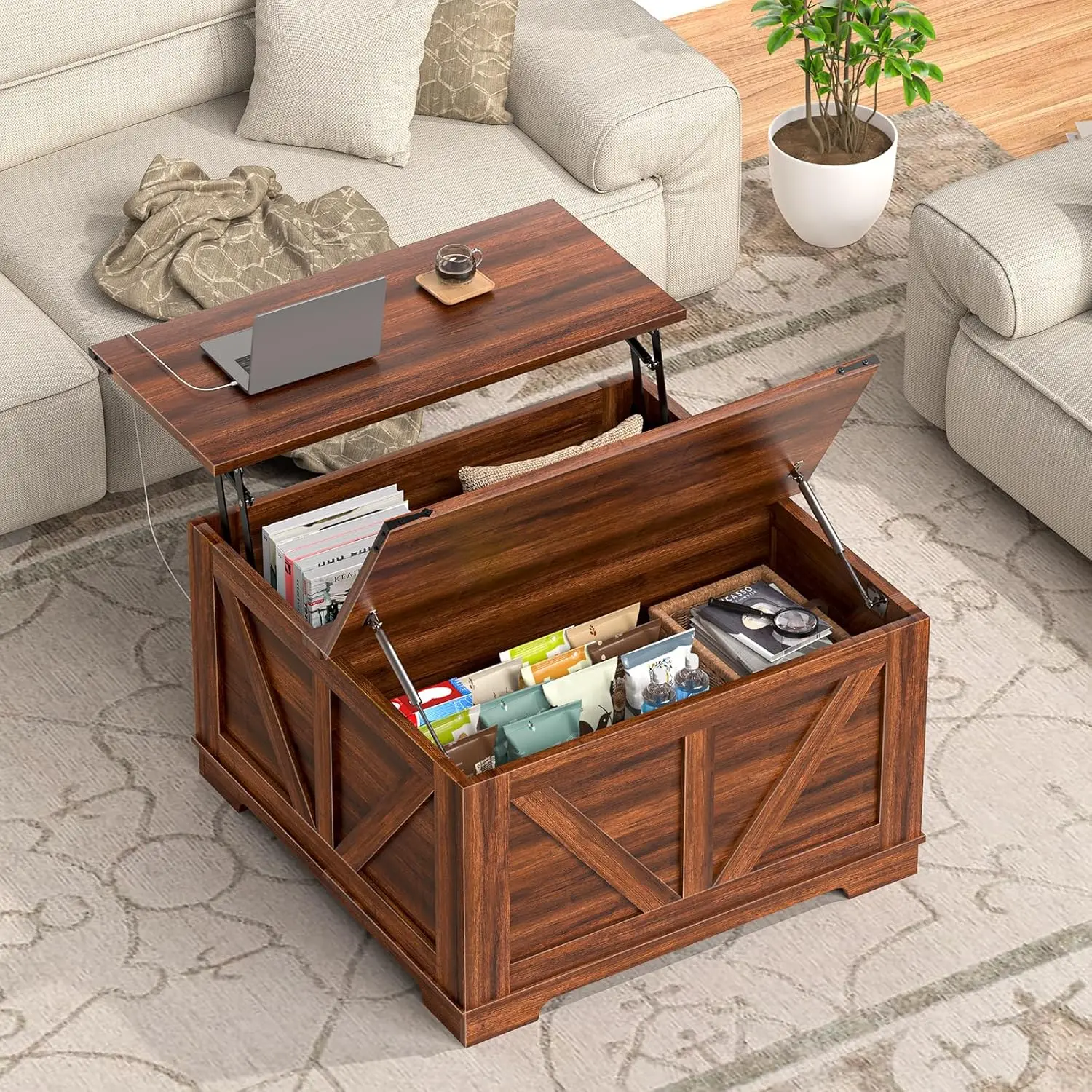 طاولة قهوة قابلة للرفع مقاس 31.5 بوصة مع مساحة تخزين، طاولة مركزية للمزرعة مربعة بنية ريفية لغرفة المعيشة والمساحات الصغيرة