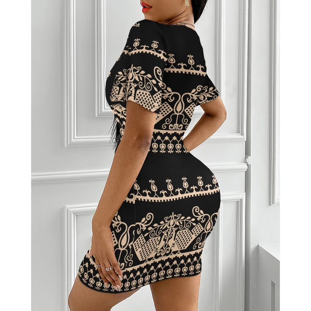 Summer Women Tribal Print Plunge Mini Dress Female Fashion Black V neck Short Sleeve Bodycon Birthday Party Dress Casual