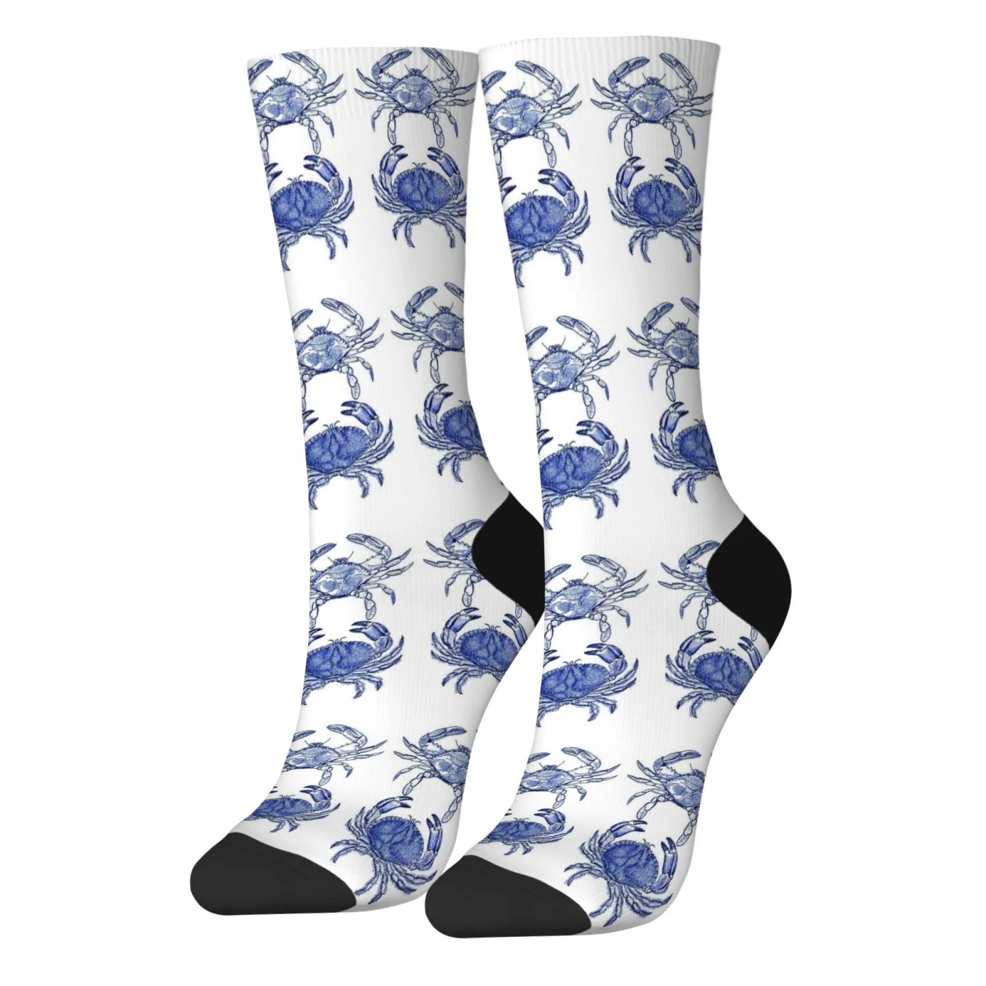 Blaue Unisex-Krabben-Crew-Socken, wiederholtes Design auf Weiß, weich und atmungsaktiv, für Outdoor-Sportaktivitäten und tägliche Freizeit-Outfits