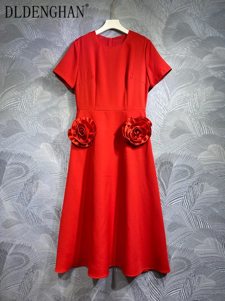 

DLDENGHAN Spring Dress Women O-Neck Short Sleeve Appliques Solid Color High Street Dresses Fashion Designer New