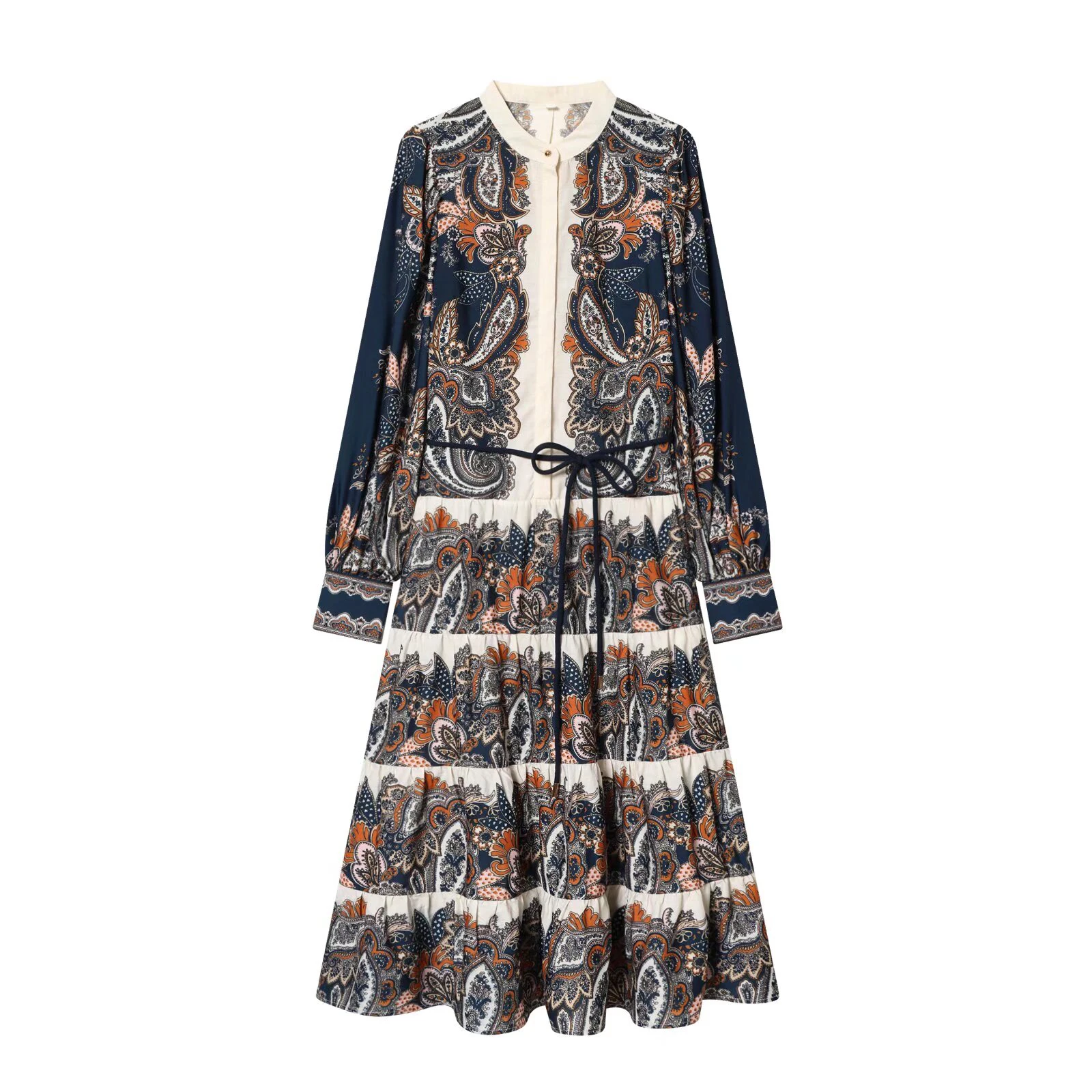 2026 primavera feminino estilo chinês gola alta manga longa impresso em camadas emenda saia larga midi vestido