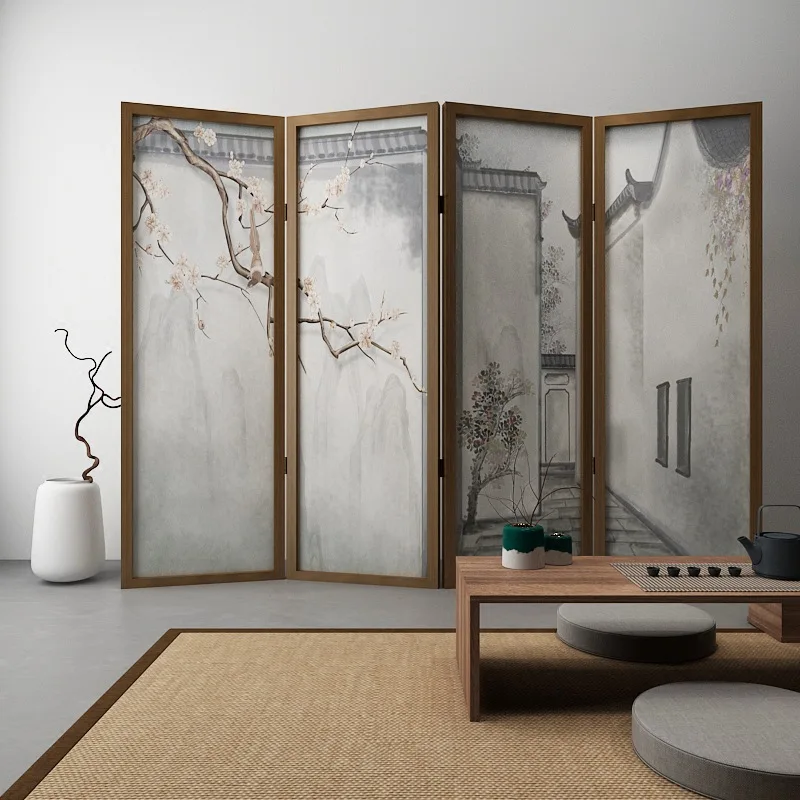 

New Chinese screen partition living room hotel office sales department semi-transparent yarn folding mobile Huizhou Zen folding
