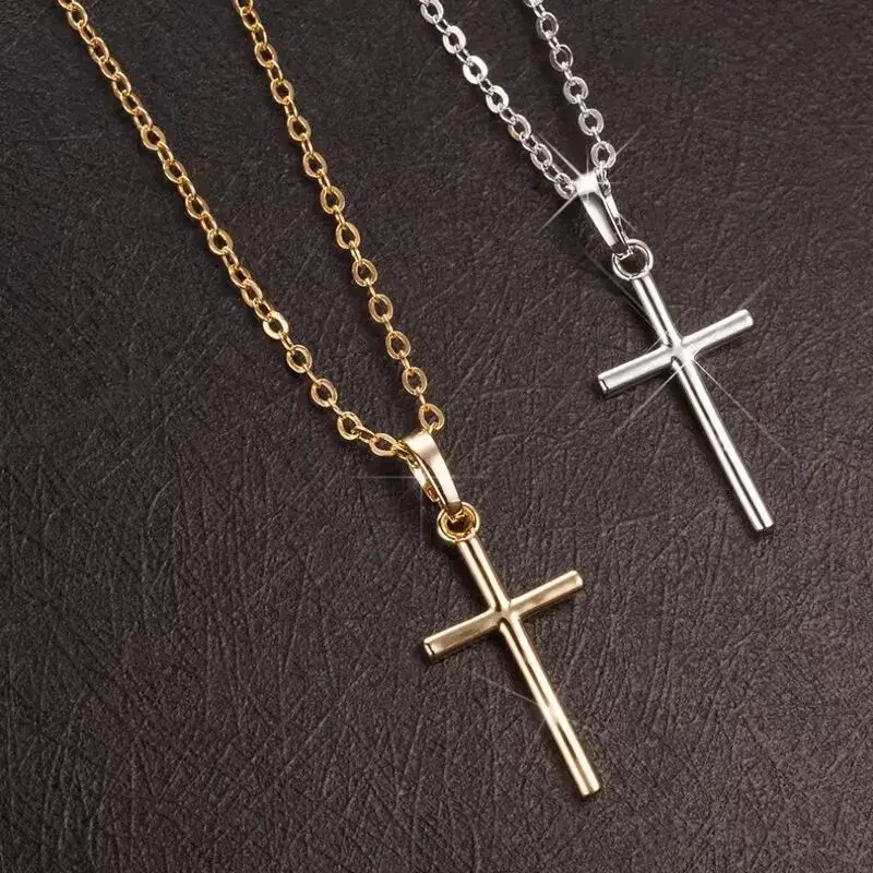 2pcs Fashion Ins Christian Jesus Cross Necklaces Silver Color Long Chain Simple Pendants for Women Men Jewelry Gifts