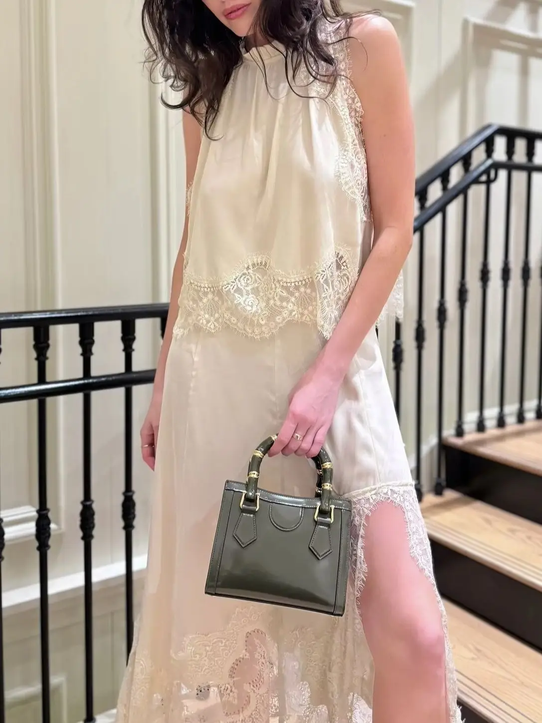 

Summer 2026 Women Lace Patchwork Set Stand Collar Sleeveless Vest Top + Elastic Waist Irregular Hem Long Skirt Elegant Suit