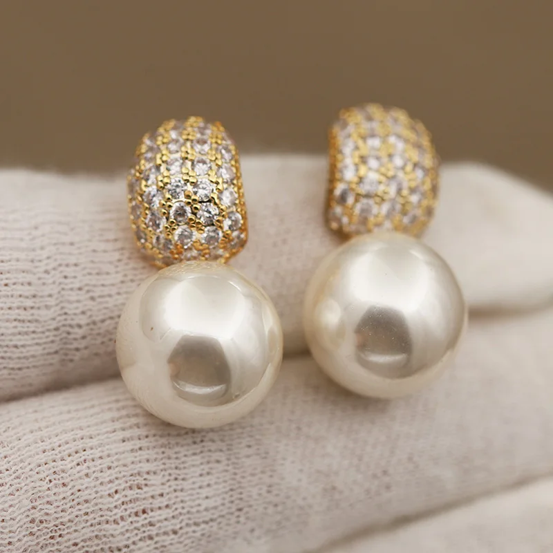 New Sight Design Luxury Crystal  Stud Earrings for Women Fashion Brand Jewelry Zirconia Pearl Beads Earrings