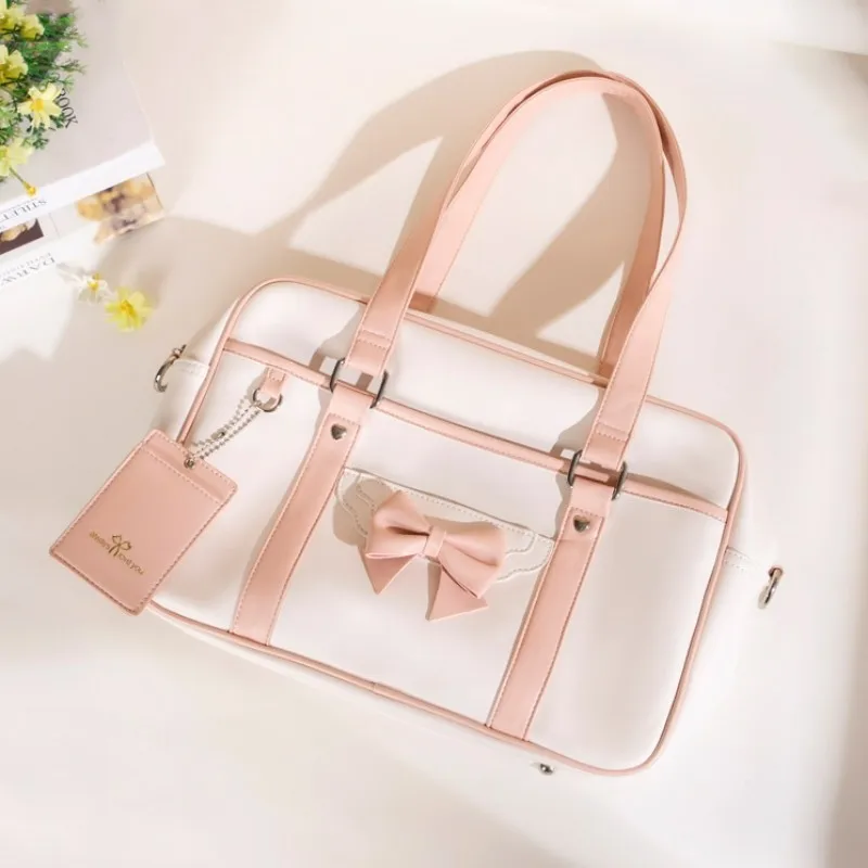 Japanese Bow JK School Uniform Bags Women's Student PU Handbag Girls Lolita Sweet Shoulder Bag Large Capacity Handbags Tote