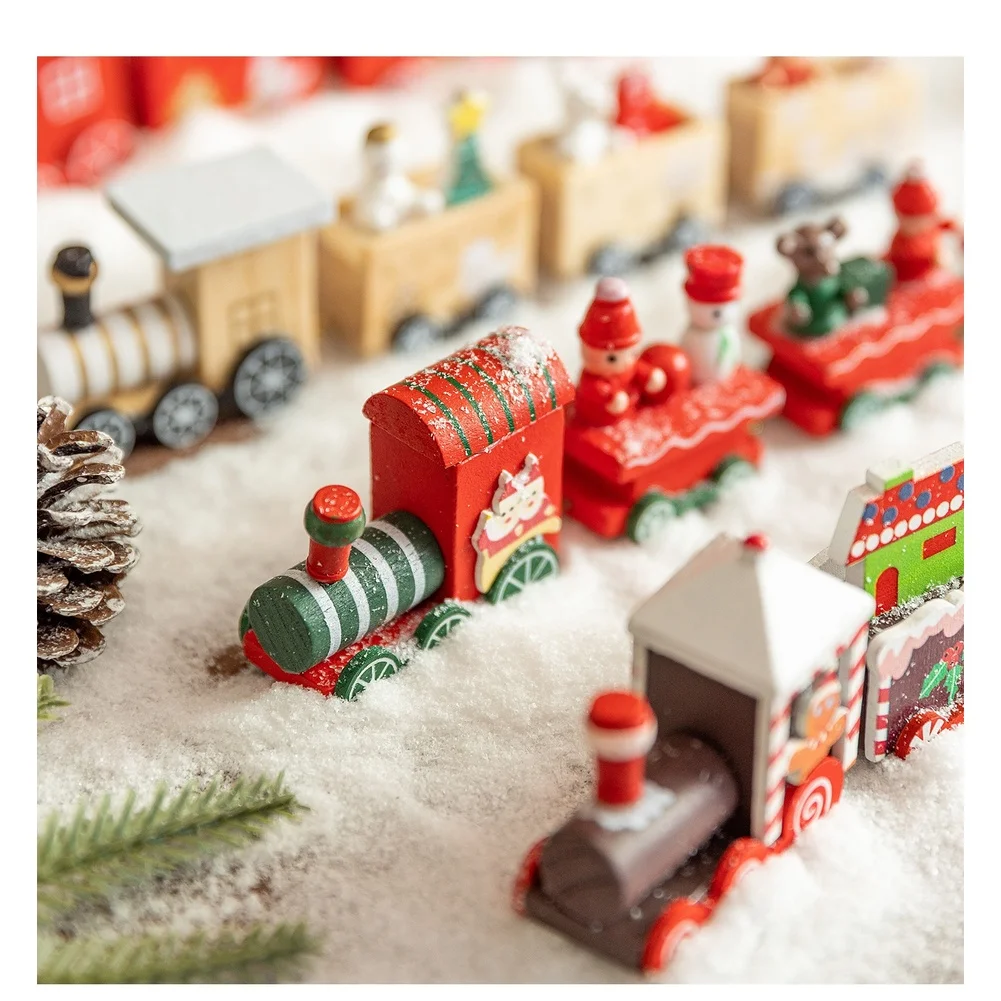 4pcs Wooden Christmas Train Set DIY Ornament European Style Holiday Tabletop Display Decoration For Tree Party Home Decor