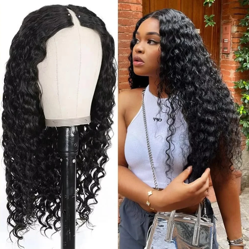 

V Part Wig 100% Human Hair Deep Wave Curly V Part Wig 200% Density Curly No Leave Out Upgrade No Glue Clip In Half Wig For Women