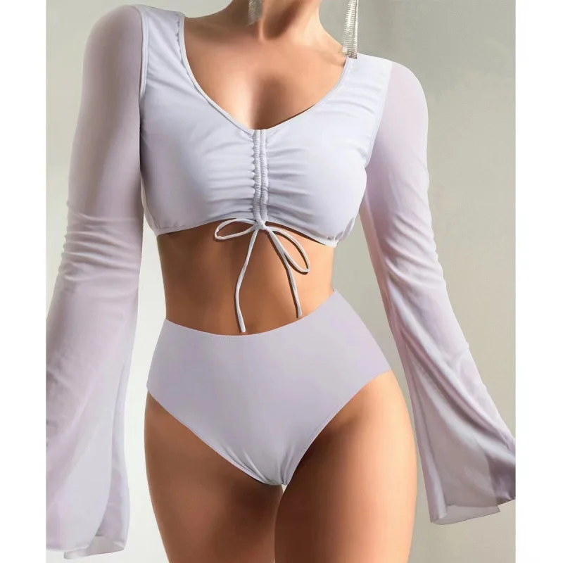 Split Swimsuit for Women, Conservative Stitching, Spun Yarn Swimwear, Plain, High Waist, New