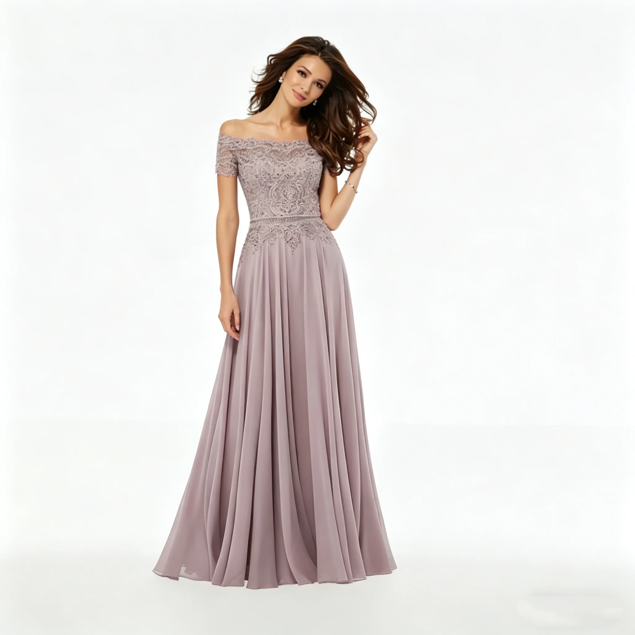 

Customized Mauve Off Shoulder Lace Chiffon Evening Dress Formal Bridesmaid Gown for Mother of the Bride Plus Size
