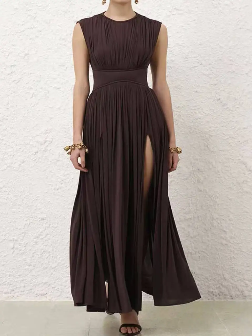 

Zhome Luxury Autumn Winter Svel round Ne Gathered Draped Long Dr Ele Godd Sle French Sle High Waist Gown