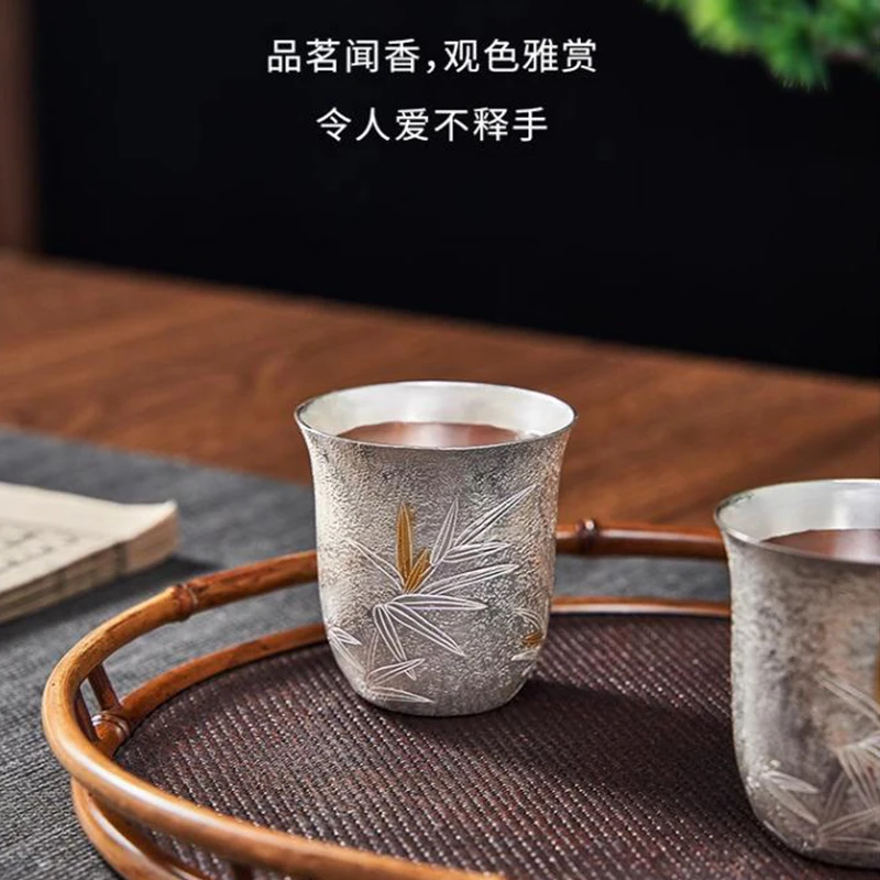 Handmade Hammer Pattern Tea Cup, 999 Sterling Silver, Kung Fu High Cup, Tea Set, Pure Handmade
