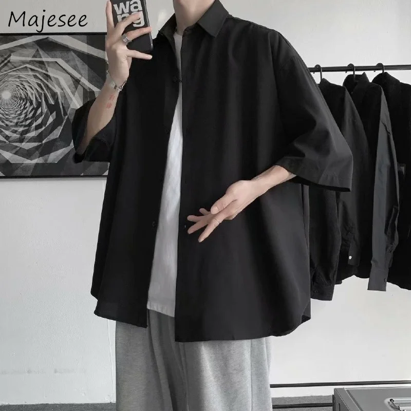 

Men Shirts Solid Quarter-sleeved Korean Style Chic All-match Daily Simple Ins Summer Tops Students Harajuku Draped Youth Popular