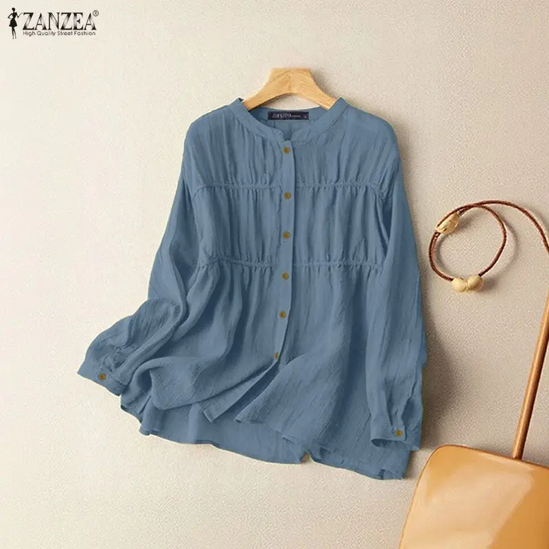 

ZANZEA Loose Shirring Shirts Women's O-Neck Long Sleeve Solid Color Button Up Tops Spring Summer Casual Daily Woman Clothes 3XL