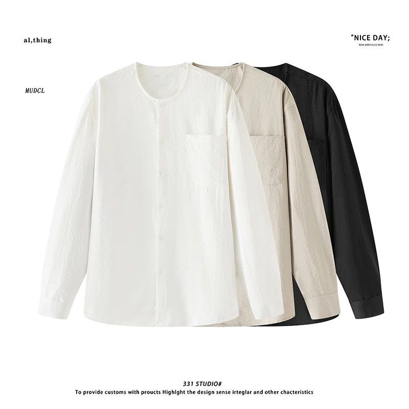 2026 Spring Round Neck Long Sleeved Shirt for Men Casual Business Shirts Collarless Versatile Social Office Shirt Men Clothing