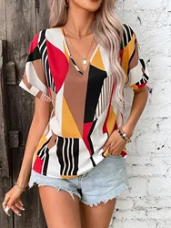 Women Summer Style Loose Blouses Shirts Lady Casual Short Sleeve V-Neck Printed Blusas Tops