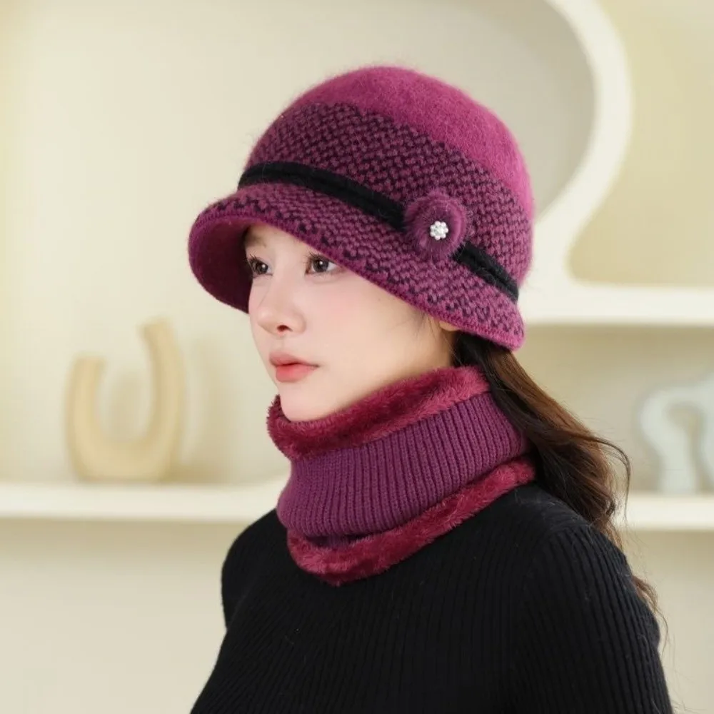 Gorro de invierno con decoración de flores para mujer, gorro de punto grueso y cálido con forro de piel, gorro térmico con forro polar para mujeres mayores