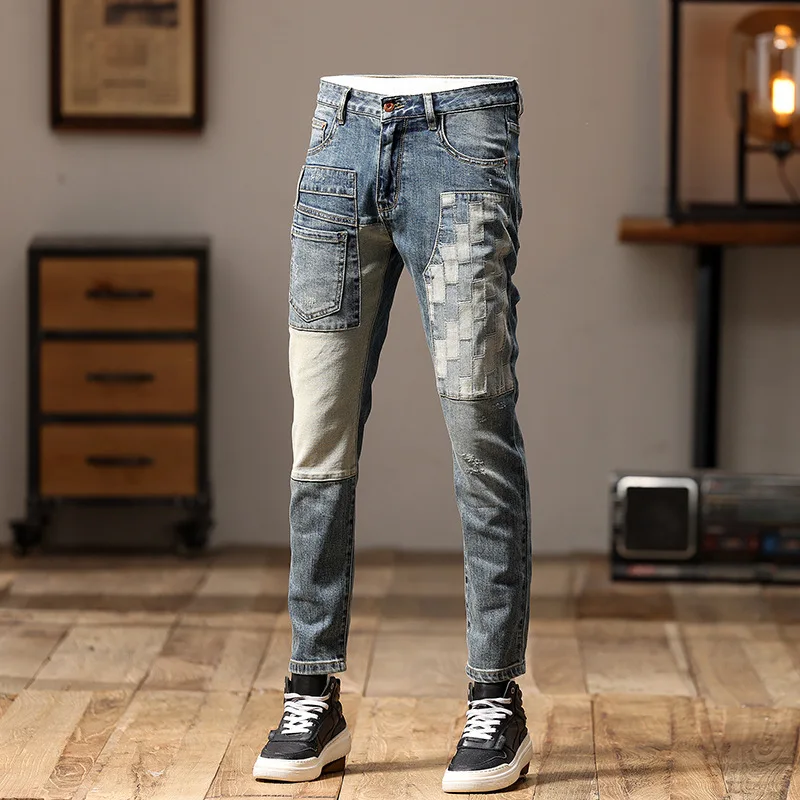 

2024Cool Smart Jeans Men's Motorcycle Trendy Patchwork Fashion High-End Retro Stretch Slim Fit Skinny Pants