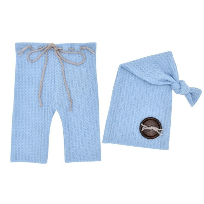 4 Styles of Newborn Baby Photograph Pants Long Tail Cap Two-piece Baby Knit Pants With Wooden Button-knotted Cap Photo Set