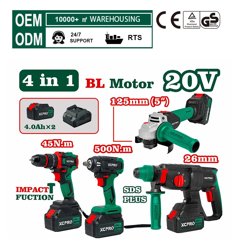 Cordless Power Tool Combo Kit 4Pcs 20V Brushless Impact Wrench Grinder Drill Rotary Hammer for Contractor Use