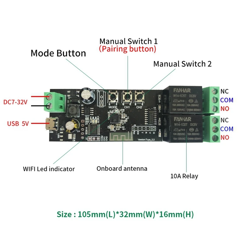 Módulo Tuya Relé WiFi, Interruptor DIY, Polonada, Selflock, Modos de Trabalho, APP, Voz, Controle LAN, Casa Inteligente, 7-32V