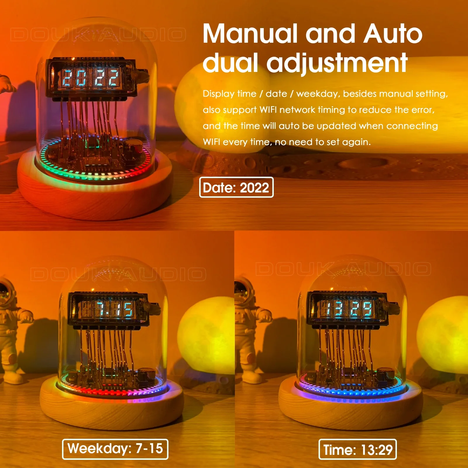 Douk Audio Vintage VFD Clock WIFI RGB LED Home Mantel & Shelf Clock Refer Nixie Tube Clock Desktop Decor Gift