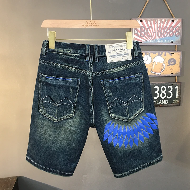 

Men's Heavyweight Vintage Denim Shorts Summer Blue Distressed Patchwork Shorts Artistic Printed Rips & Washed Trendy Mid-Length