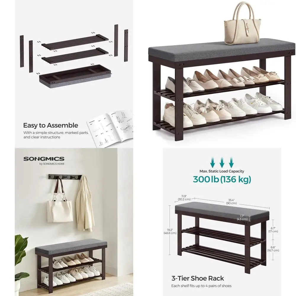 

3-Tier Bamboo Shoe Rack Bench Organizer for Entryway and Living Room, Holds 300 lb, 11.9 x 35.4 x 19.2 Inches, Rustic Walnut and