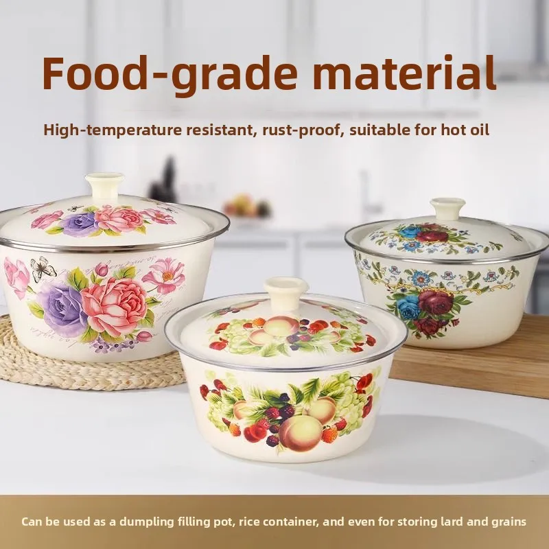 Thickened Old Style Enamel Pork Fat Basin Kitchen Use Food Grade Enamel Mixing Basin Vegetable Washing Basin round Shape Hand...