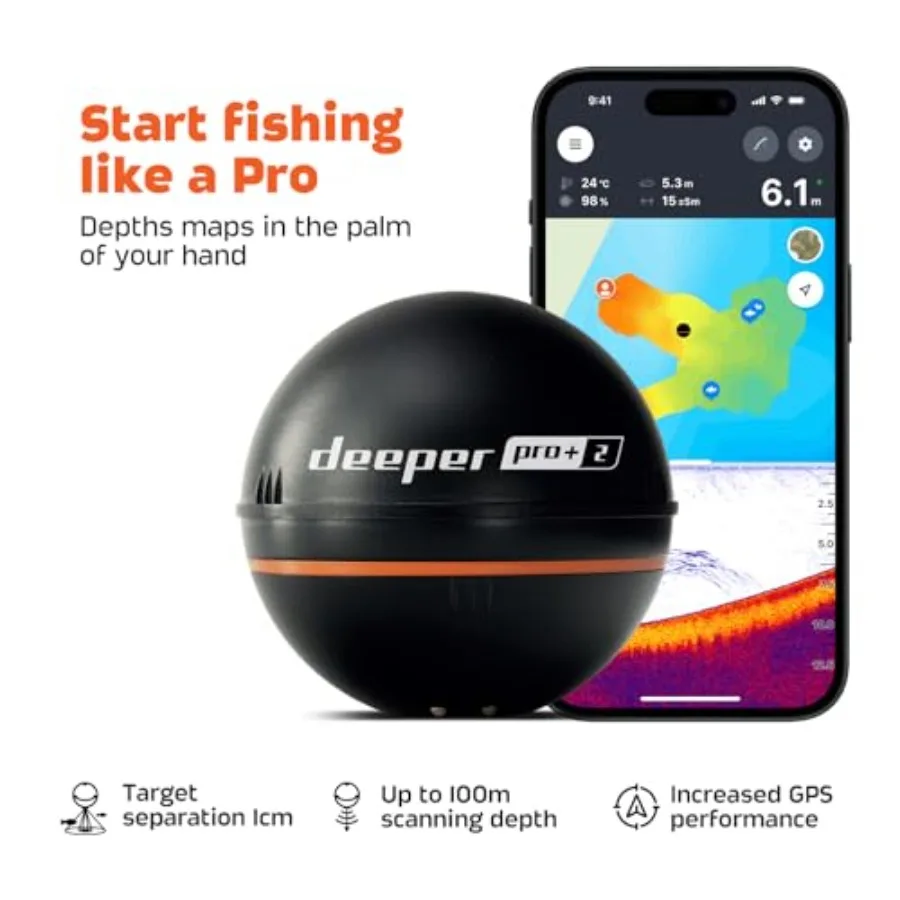 Portable fish finder for kayaks, boats, ice fishing; sonar GPS enabled; black; castable design with free user-friendly app