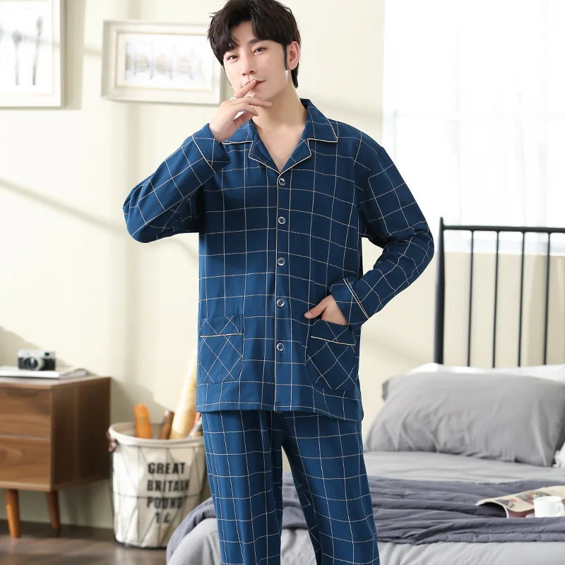 

Autumn Full Cotton Pajamas For Men Dark Blue Plaid Sleepwear Big Yards Pyjama Homme Pijamas Hombre Invierno Full Cotton Pyjamas