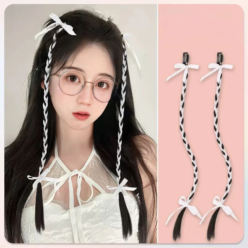 2PCS Fashion Wig Female Ponytail Simulation Hair Accessories Hot Girl Boxing Braids Twist Braids Bow Double Ponytail Braids