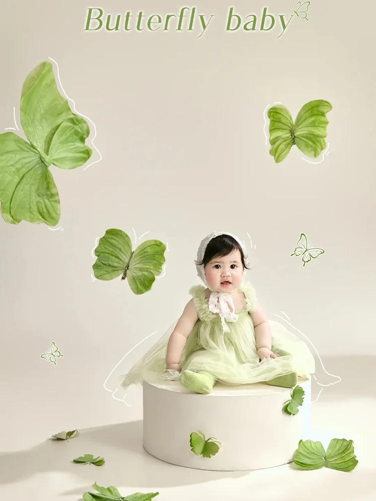 1st Birthday Milestone Photography Outfit Green Tulle Slip Dress+lace Headscarf Set Baby Girl Fairy Costume for Studio Shooting