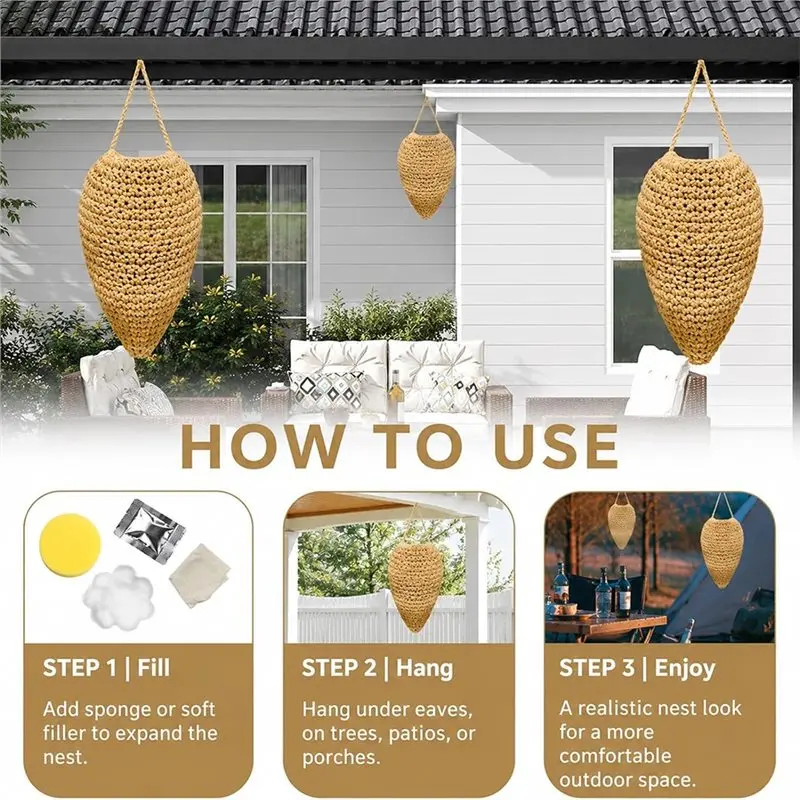 YANA50I 3 Pack Large Crochet Wasp Nest Decoys Fake Natural Beehive Shaped Nest Outdoor Hanging Decorations