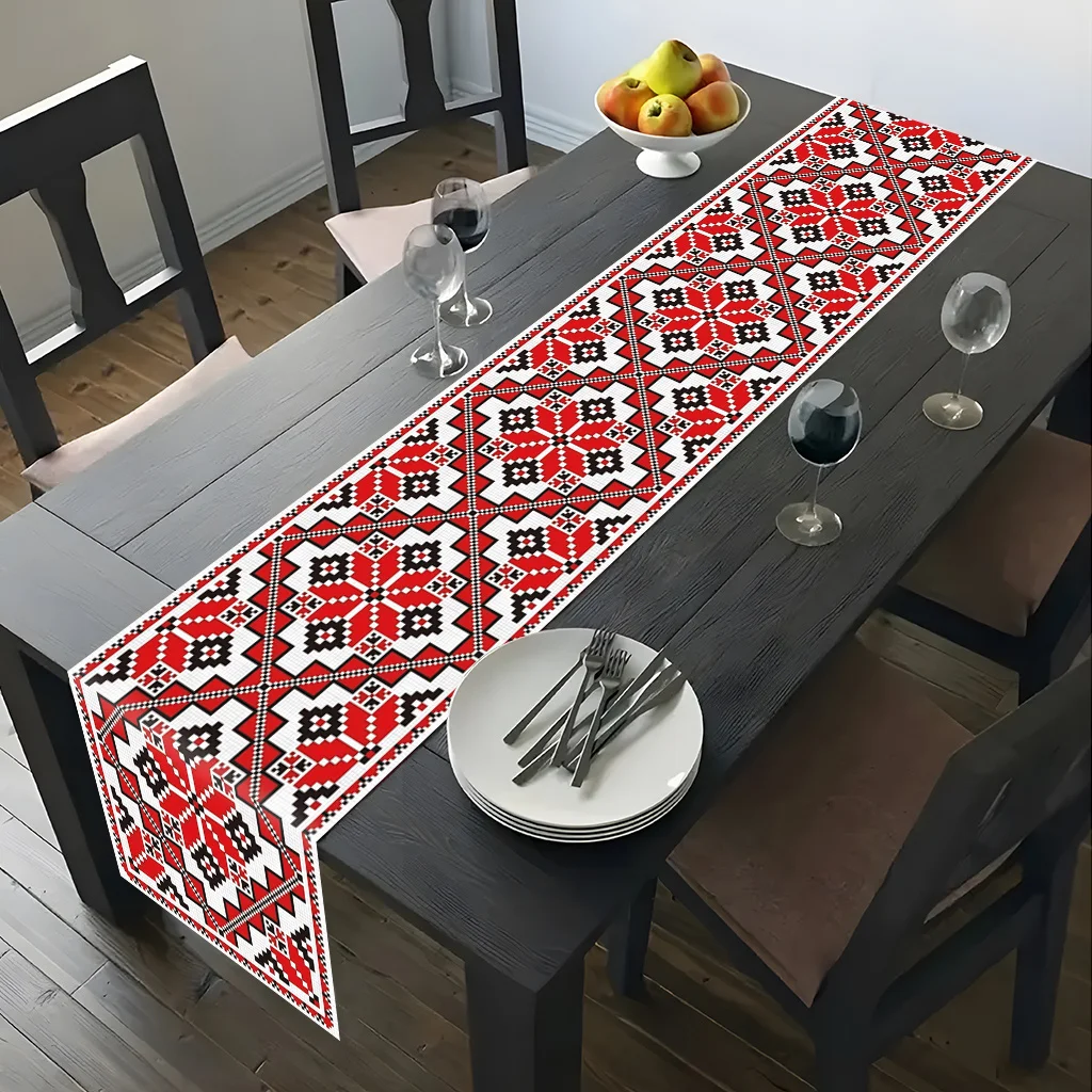 Ethnic Pattern Table Runner Polyester Fiber Geometric Red Black Design Decorative Table Cloth for Dining Table Kitchen Party