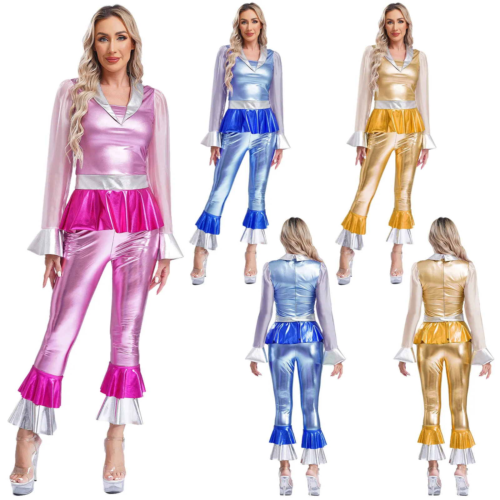 Kobiety 70S Retro Disco Costume Metallic Shiny Flare Sleeve Outfit Tops with Elastic Pants for Halloween Cosplay Canival Dress Up