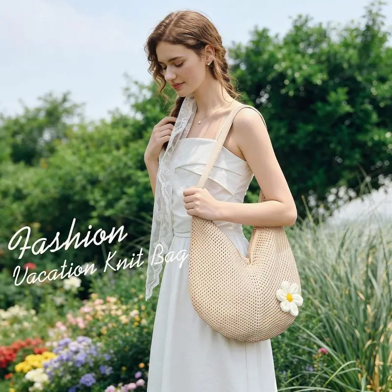 Women'S Daisy Crochet Shoulder Bag Soft Knit Mesh Hobo Tote Summer Beach Travel Daily Handbag image 6